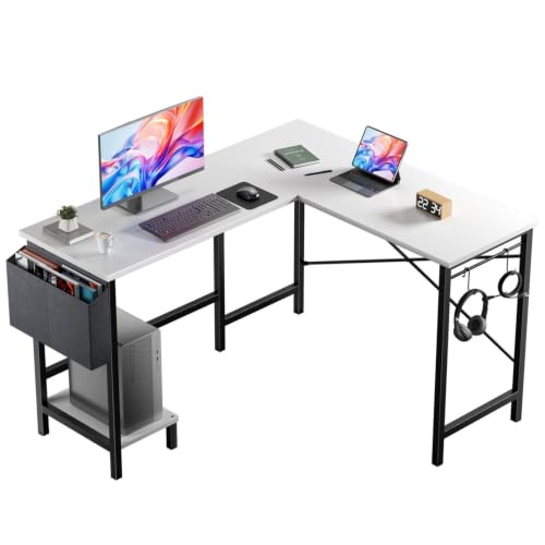 Image of Simple Deluxe L-Shaped Corner Desk with PC Stand, Storage Bag & Hooks - Reversible, Sturdy Steel Frame, Waterproof Top, 4 Colors (White)