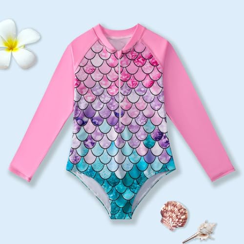 HILEELANG Little Girls Long Sleeve Rash Guard Swimsuit Sun Protection Half Zip One Piece Bathing Suit 3-10 Years2