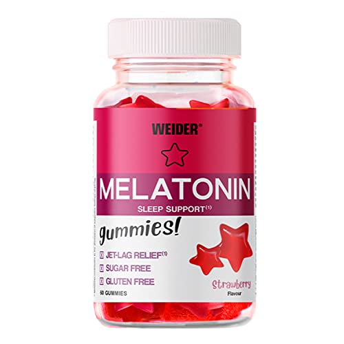 Weider Melatonin Gummies (60 Gominolas) Sabor Fresa. 1 mg de melatonina por gominola. Sin Azúcares y Sin Gluten. Ayuda contra el Jet-lag y para mejorar la calidad del sueño.
