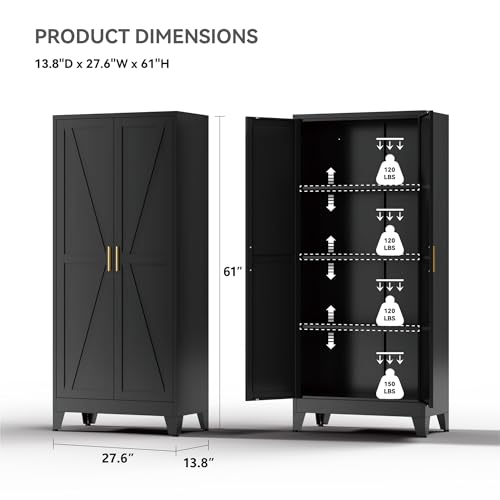 Image of Farmhouse Pantry Cabinet with Barn Doors,61 inch H x 27.5 inch W,Metal Cabinet with Adjustable Shelves,4-Tier Storage Cabinet for Kitchen Dining Room Garage Office,Black 1 Pack