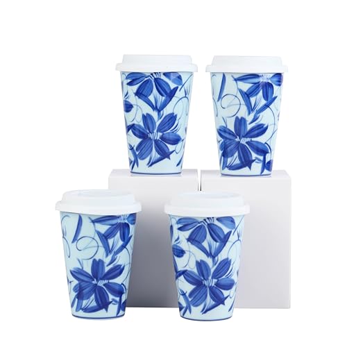 meicilin 14 oz ceramics Handmade blue and white Retro Coke cups coffee tea set of 4 china Coffee Mugs for Tea, Milk,Dishwasher and Microwave Safe?Free gift soft silicone cover and gift box