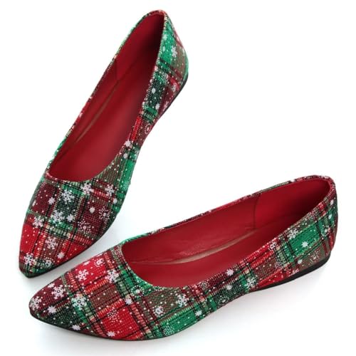 Hee grand Women's Christmas Shoes Comfortable Pointed Toe Slip on Flats Plaid Snowflake Dress Shoes for Christmas Party3