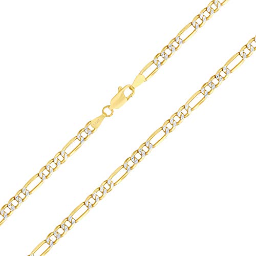 Nuragold 14K Yellow Gold 4.5Mm Figaro Chain Link Diamond Cut Pave Two Tone Bracelet, Mens Womens Lobster Clasp 7" 7.5" 8" 8.5" 9" - Real Gold Jewelry #TOP6