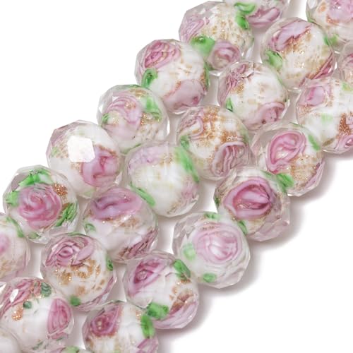 NITOPUPU 50pcs 8~10mm Rose Lampwork Bead with Green Leaves Handmade Faceted Pink Murano Glass Beads for Jewelry Making Supplies, Bracelet, Rosary Craft Making