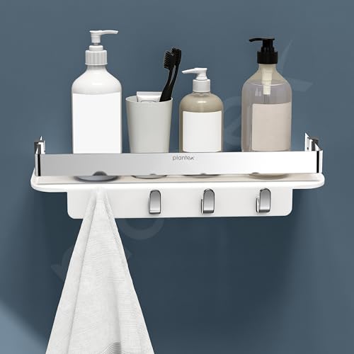 Plantex Multipurpose Acrylic Key Holder for Living Room/Wall Mount Storage Shelf with Silver Railings/Bathroom Accessories for Home Decor (12x4 inches, White)