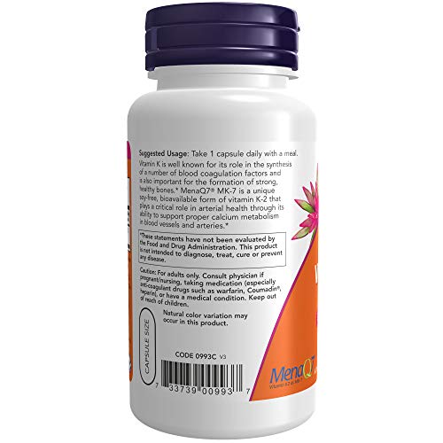 Suplementos NOW, vitamina K2 MK7 100 µg, auxílio cardiovascular*, auxilia na saúde óssea*, 120 cápsu