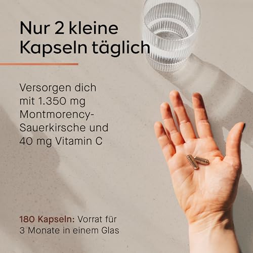 Montmorency Sauerkirschen Kapseln | 67.500 mg (50:1 Extrakt) pro Tagesdosis | 180 vegane Kapseln, 3 Monate | mit Vitamin C zur Immunabwehr | 1.350 mg Kirsch-Extrakt entspricht 67.500 mg Kirsch-Pulver