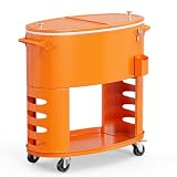 VINGLI Patio Cooler, Rolling Ice Chest on Wheels, Portable Patio Party Bar Drink Cooler Cart, with Shelf, Beverage Pool with Bottle Opener,Water Pipe (Orange, 70QT)