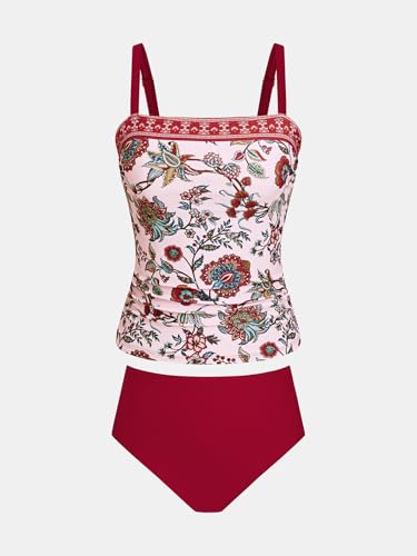 Image of CUPSHE Women's Tankini Sets Tummy Control Two Piece Swimsuit Ruching | Bathing Suit, Removable Soft Cups, Square Neck, Adjustable Straps, Full Coverage Bottom, Beach Vacation