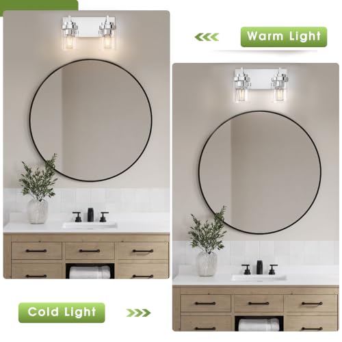 Image of Bathroom Vanity Fixtures, 2 Light Matte Chrome Vanity Light with Clear Glass Shade, 15in Farmhouse wall Light, Lighting Fixture Over Mirror for Bathroom