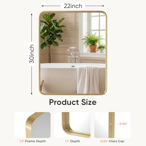Image of Sweetcrispy Bathroom Wall Mirror, 30x22 Inch Wall Mount Mirror for Over Sink, Modern Rounded Rectangle Vanity Mirrors with Matte Metal Framed, for Home Decor, Living Room, Bedroom, Gold
