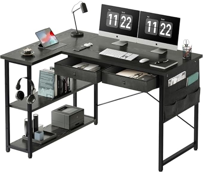 Ｍａｉｈａｉｌ Maihail Home Office Desk with Drawers Shelves, 39 inch Computer Corner Desk for Small Space, Small L Shaped Desk with Side Storage for Bedroom, Black