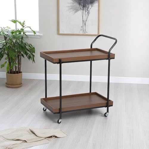 عربة تقديم طعام متنقلة بطابقين من الخشب والمعدن، مزودة بعجلات 360 درجة ومقبض دفع، تصميم عصري للمطبخ وغرفة المعيشة (85×43×70 سم). (خشب غامق)