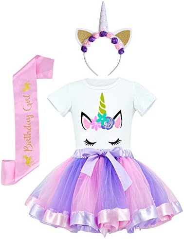 JiaDuo Girls Unicorn Costume Rainbow Tutu with White Shirt, Headband & Satin Sash Light Purple Medium/2-4T