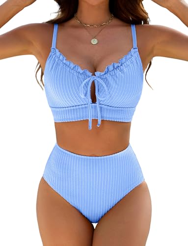BMJL High Waisted Bikini Sets for Women Textured Tummy Control Swimsuits Two Piece Cutout Beach Swim Bathing Suits(L,Sky Blue)