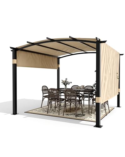 Image of KYBOLT 10x10 Ft Outdoor Arched Pergola Metal Gazebo with Retractable Sun Shade for Backyard Deck Garden Lawns Porch(Khaki)