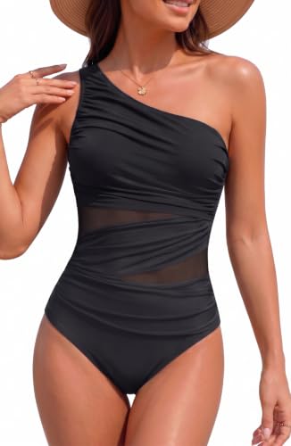 Image of Aqua Eve Women Mesh One Piece Swimsuit - Tummy Control One Shoulder Bathing Suit Cut Out Swimwear 2026