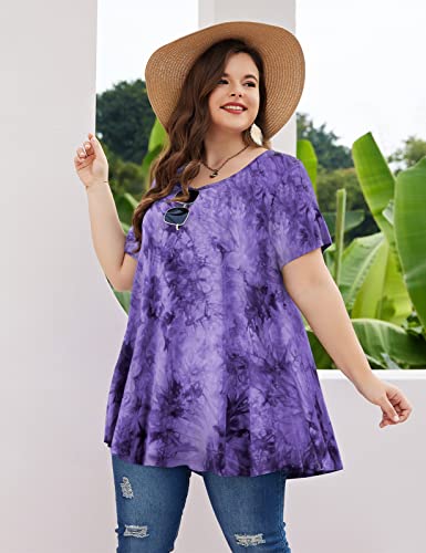 Monnuro Womens Short Sleeve Casual Loose Fit Flare Swing Tunic Tops Basic T-Shirt Plus Size(Tie Dye Purple,2X) #TOP3