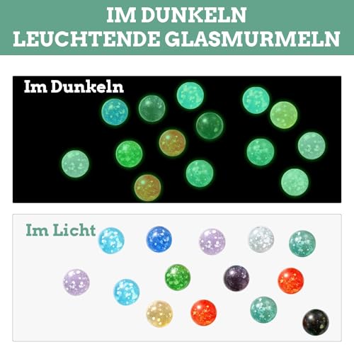 PDirat Murmeln Glas, 20 Stück Glasmurmeln Bunt Leuchten Im Dunkeln, 14mm Murmeln Groß für Kinder, DIY Heimdekoration, Indoor-Outdoor Murmelspiele