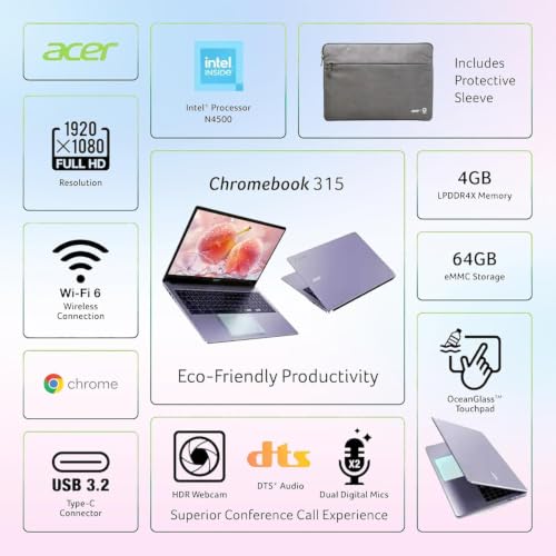 Image of Acer Chromebook 315-15.6 inch FHD Student Laptop, Intel Celeron N4500, 4GB LPDDR4X - 576GB Storage (64GB eMMC+512GB External), USB-C, USB-A, Bluetooth, Wi-Fi, DTS Audio, Long Battery, Chrome OS, Purple