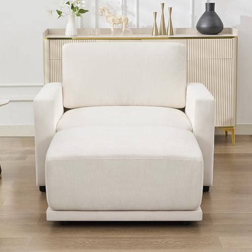 Image of 44.2 inch Chenille Oversized Chair with Movable Ottoman, Modular 1 Seat Couch with Thickened Cushions, Modern Single Sofa Chaise Lounge Reading Chair for Living Room, Small Apartment, White
