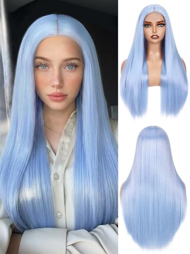 FAVE Perruque Bleu Clair 65 cm Longue Lisse pour Femme, Synthétique Résistant à la Chaleur, Style Sirène pour Cosplay et Usage Quotidien