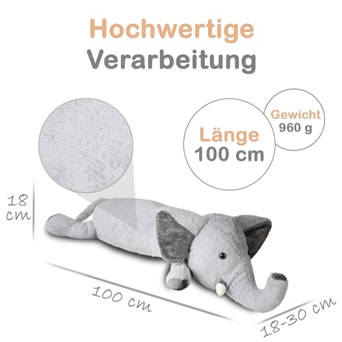 Nuffeldöns Seitenschläferkissen Elefant für Kinder, Kuschelkissen, Kuscheltier XXL Plüschtier, Stofftier, Schmusekissen, Grau 100cm
