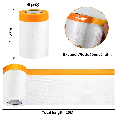 Gigmeta 6 Rollen Abdeckfolie Maler, Abdeckfolie Klebeband Goldband Masker mit Folie 55cm*20M, Transparent Abdeckfolie mit Gewebeklebeband Selbstklebende Malerfolie Malerband