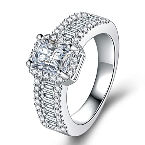 LVTING Princess Cut Cubic Zirconia Ring 925 Silver Engagement Wedding Ring CZ Simulation Diamond Ring Gorgeous Personality Square Wheel Ring Marriage Studded Ring for Women