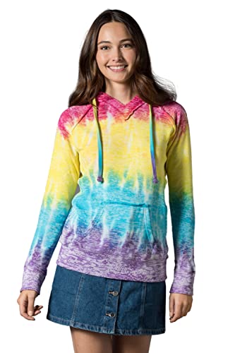 Mv Sport Tie Dye Women's Courtney Burnout Light Hooded Pullover Blend Fleece (Rainbow Stripe, Large) #TOP8