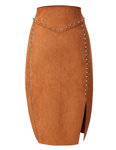 Bellivera Women's Faux Suede Pencil Skirt Hip Wrapped Back Split for Spring Summer and Autumn Nailed Camel Medium