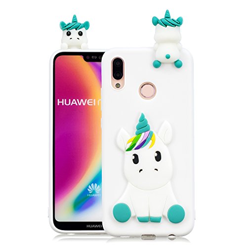 HopMore Compatibile con Cover Huawei P20 Lite Silicone Disegni 3D Divertenti Fantasia Gomma Morbido Custodia Antiurto Protettiva Slim TPU Case Bumper Molle Caso - Unicorno Unicorn Bianco
