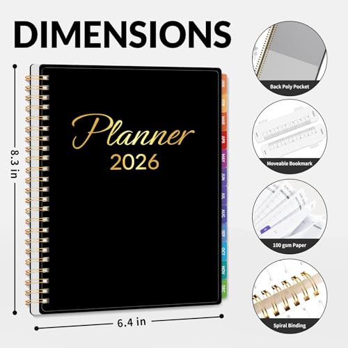 GNL 2026 Planner, Weekly & Monthly Planner 2026, JAN. 2026 – DEC. 2026, 6.4" x 8.3" Monthly Agenda Planner with Tabs, Waterproof Flexible Cover, Spiral Binding, Double-sided Pocket, Bookmark, Black
