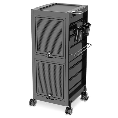Lockable Salon Trolley Salon Cart on Wheels Rolling Tray Large Storage Salon Trolley W/Towel and Mirror Rack, Heat Resistant Appliance Rack, 4 Remove Drawers, 2 Buckets for Salon Spa Store