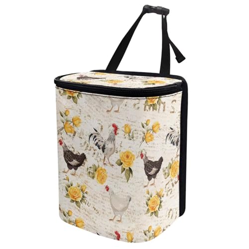 Image of Talayituse Rooster Chicken Print Car Trash Can, Rose Letter Portable Auto Garbage Bin Valentine's Day Decor Multifunctional Vehicle Interior Accessories with Adjustable Straps Universal Fit SUV Sedan