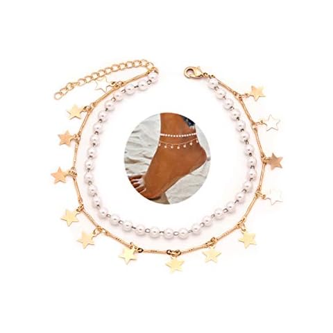 Mocya Layer Star Anklet Gold Tone Layer Anklet Woman Anklet Created Pearl Foot Chain Jewelry Cover