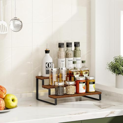 HYMS 3 Tier Wooden Spice Rack for Kitchen Countertop –Step Shelf Organizer for Spices, Jars & Condiments | Metal Frame Wood Shelf for Pantry, Cabinet & Counter Storage (35 x 24 x 15 cm)