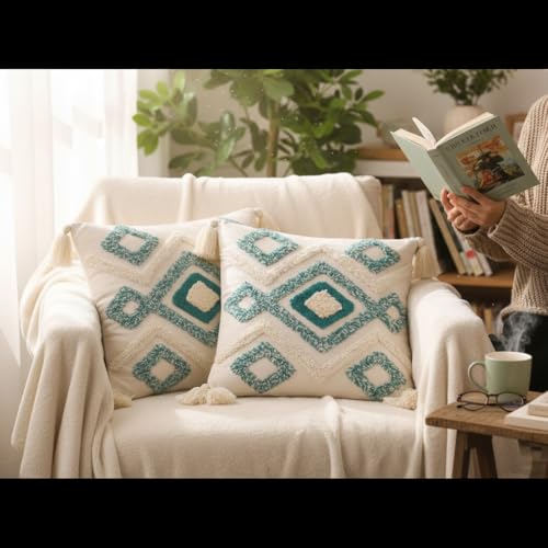 Image of RRC Boho Throw Pillows 16x16 Inch Set of 2 - Soft Mid Century Modern Decorative Pillow Covers, Aesthetic Cushion Cases for Couch, Sofa, Bed & Bedroom Decor (SkyBlue, 16X16(Inches))