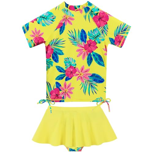 Image of BAOHULU Girls Two Piece Swimsuits Rash Guard Ruffle Bikini Skirt Short Sleeves Beach Dress Swimwear UPF 50+ 3-12Y