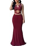 Cfanny Women's Lace Applique Nude Mesh Evening Maxi Dress Gown