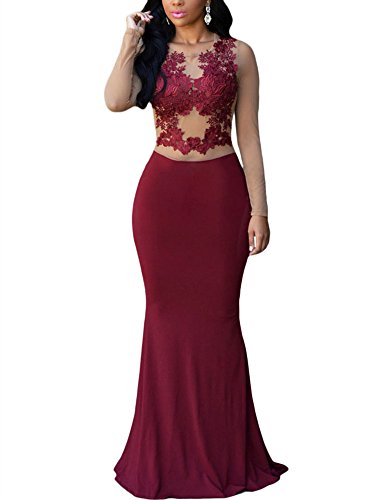 Cfanny Women's Lace Applique Nude Mesh Evening Maxi Dress Gown