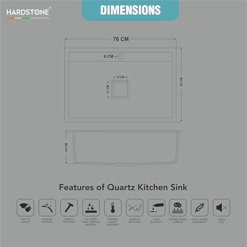 Image of HARDSTONE Premium Quartz Kitchen Sink (30x20x9 Inch) | Matt Black Granite Single Bowl Sink | Top Mount | SS Square Waste Coupling & PVC Drain Pipe | Scratch, Heat & Stain Resistant | 10-Year Warranty