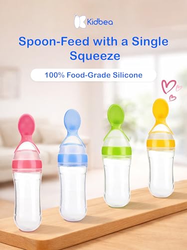 Image of Kidbea Silicone Baby Spoon Feeder Bottle 90ml | Squeeze Food Feeder for 3+ Months | BPA Free Baby Food Dispensing Spoon for Pure Cereal | Leak Proof Travel Feeding Bottle for Infants & Toddlers (Pink)