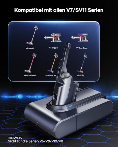 FLYLINKTECH 8000mAh V7 Akku Ersatz für V7 SV11 Serie Animal/Motorhead Pro/Trigger/Fluffy/Mattress/Absolute Staubsauger mit Installationszubehör