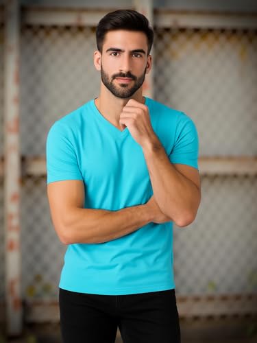 Image of Friskers Men's V-Neck Short Sleeves Cotton T-Shirt - Casual T-Shirt, Regular Fit