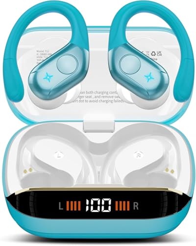 Image of Qecnato Wireless Earbuds Bluetooth 5.4 Headphones 75H Stereo Deep Bass Sports Over Ear Buds with Earhooks, LED Display Bluetooth Earbuds with 4 ENC Mic, IP7 Waterproof Earphone for Running, Blue
