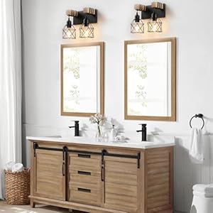 Farmhouse Vanity Light Fixture2 Light Bathroom LightingBlack Industrial Wood Wall Light Over Mirror with Metal ShadeLED Bulbs Included