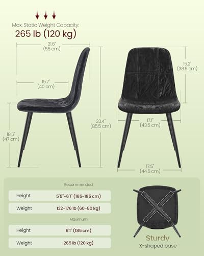 Image of VASAGLE Set of 4 Dining Chairs, Dining Room Kitchen Chairs, Metal Frame, Adjustable Feet, Easy to Clean, Glacier-Textured PU Leather, for Kitchen, Ink Black UKDC188B01V1