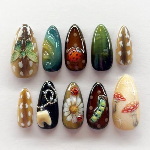 IMSOHOT Medium Almond Press on Nails, Cottagecore Forest Nature Design, 24 Pcs Glossy Fake Nails with Daisy & Ladybug Pattern for Women Girls