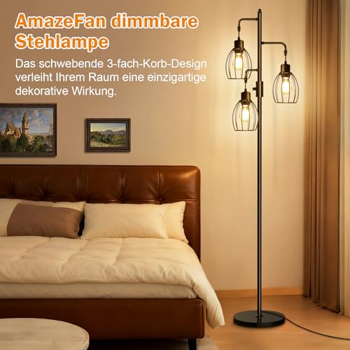 AmazeFan LED Stehlampe Dimmbar, 172cm Stehlampe Wohnzimmer mit 3 x 800LM LED-Glühbirnen, Käfig Lampenschirm aus Metall, Moderne Stehleuchte für Kinderzimmer, Büro, Wohnzimmer, Ecke Nachttischlampe